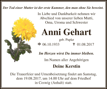 Traueranzeige von Anni Gehart von WVG - Wochenspiegel Dessau / Köthen