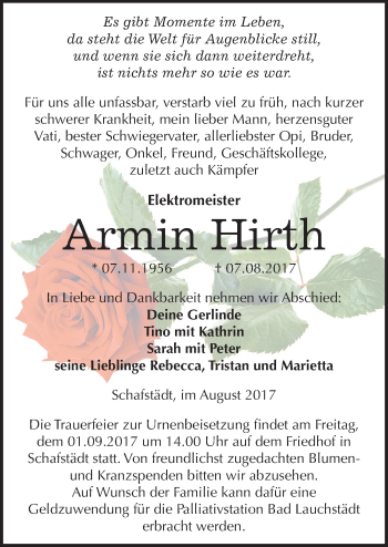 Traueranzeige von Armin Hirth von Mitteldeutsche Zeitung Merseburg/Querfurt