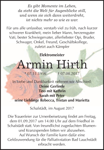 Traueranzeige von Armin Hirth von WVG - Wochenspiegel Merseburg