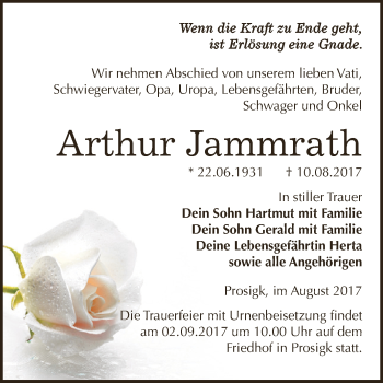 Traueranzeige von Arthur Jammrath von WVG - Wochenspiegel Dessau / Köthen