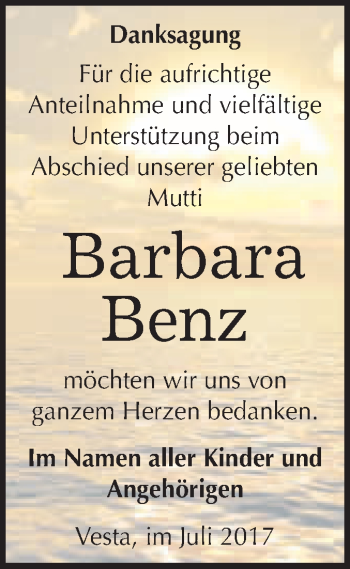 Traueranzeige von Barbara Benz von WVG - Wochenspiegel Merseburg