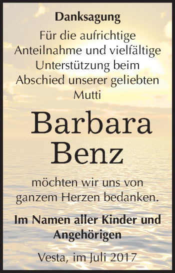 Traueranzeige von Barbara Benz von Mitteldeutsche Zeitung Merseburg/Querfurt