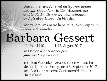 Traueranzeige von Barbara Gessert von Mitteldeutsche Zeitung Halle/Saalkreis