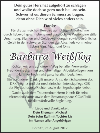 Traueranzeige von Barbara Weißflog von Super Sonntag Zeitz