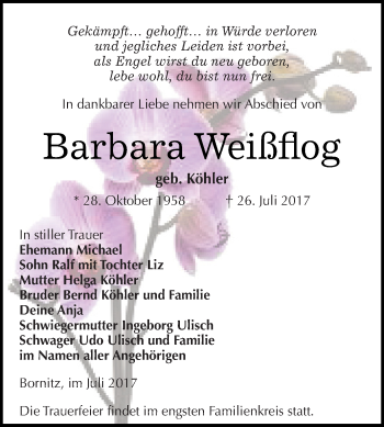 Traueranzeige von Barbara Weißflog von Super Sonntag Zeitz