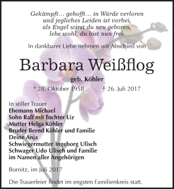 Traueranzeige von Barbara Weißflog von Mitteldeutsche Zeitung Zeitz