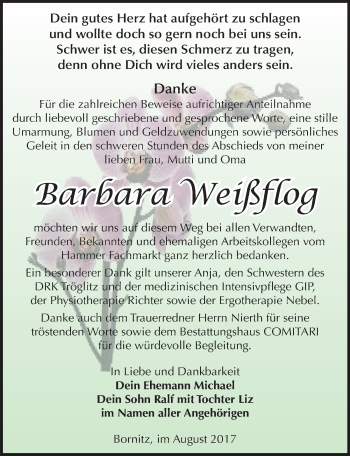 Traueranzeige von Barbara Weißflog von Mitteldeutsche Zeitung Zeitz