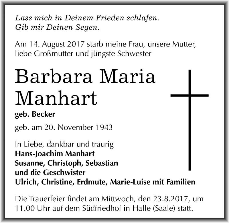  Traueranzeige für Barbara Maria Manhart vom 19.08.2017 aus Mitteldeutsche Zeitung Halle/Saalkreis