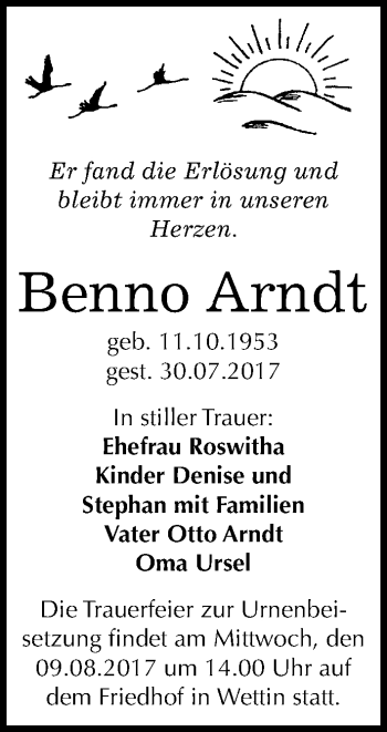 Traueranzeige von Benno Arndt von Mitteldeutsche Zeitung Halle/Saalkreis