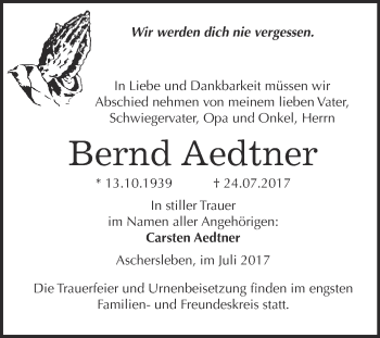 Traueranzeige von Bernd Aedtner von Super Sonntag Aschersleben