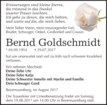 Traueranzeige von Bernd Goldschmidt von Mitteldeutsche Zeitung Sangerhausen