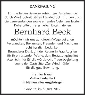 Traueranzeige von Bernhard Beck von WVG - Wochenspiegel NMB / WSF / ZTZ
