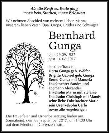 Traueranzeige von Bernhard Gunga von Super Sonntag SGH Mansf. Land