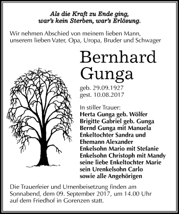 Traueranzeige von Bernhard Gunga von Mitteldeutsche Zeitung Mansfelder Land