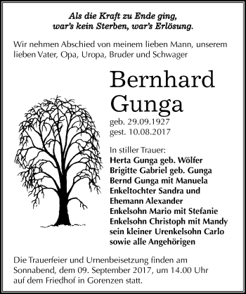 Traueranzeige von Bernhard Gunga von Mitteldeutsche Zeitung Mansfelder Land