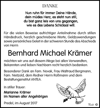 Traueranzeige von Bernhard Michael Krämer von Mitteldeutsche Zeitung Zeitz