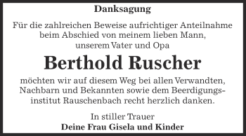 Traueranzeige von Berthold Ruscher von WVG - Wochenspiegel NMB / WSF / ZTZ