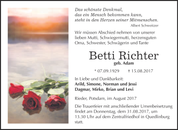 Traueranzeige von Betti Richter von Super Sonntag Quedlinburg