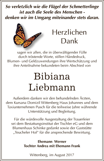Traueranzeige von Bibiana Liebmann von WVG - Wochenspiegel Dessau / Köthen