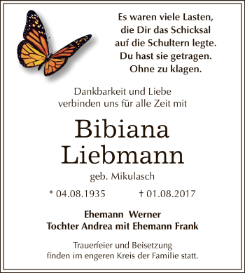Traueranzeige von Bibiana Liebmann von WVG - Wochenspiegel Dessau / Köthen