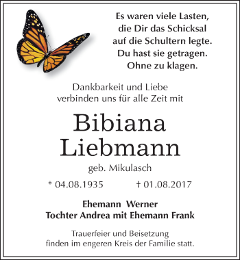 Traueranzeige von Bibiana Liebmann von Mitteldeutsche Zeitung Wittenberg