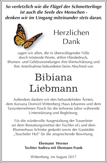Traueranzeige von Bibiana Liebmann von Mitteldeutsche Zeitung Wittenberg