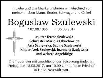 Traueranzeige von Boguslaw Szulewski von Mitteldeutsche Zeitung Halle/Saalkreis