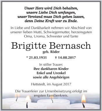 Traueranzeige von Brigitte Bernasch von Mitteldeutsche Zeitung Mansfelder Land