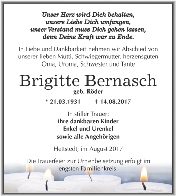 Traueranzeige von Brigitte Bernasch von Wochenspiegel Mansfelder Land