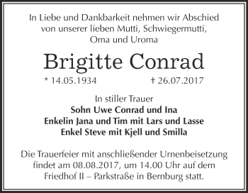 Traueranzeige von Brigitte Conrad von Super Sonntag Bernburg