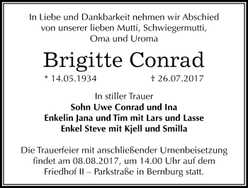 Traueranzeige von Brigitte Conrad von Mitteldeutsche Zeitung Bernburg