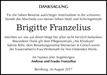 Traueranzeige von Brigitte Franzelius von Mitteldeutsche Zeitung Bernburg