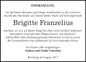 Traueranzeige von Brigitte Franzelius von Super Sonntag Bernburg