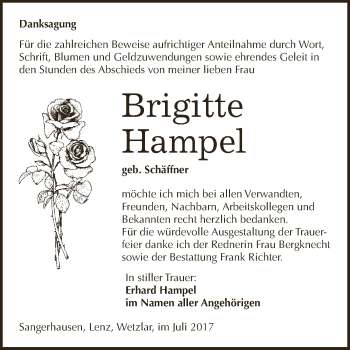 Traueranzeige von Brigitte Hampel von WVG - Wochenspiegel SGH