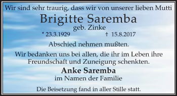 Traueranzeige von Brigitte Saremba von Mitteldeutsche Zeitung Halle/Saalkreis