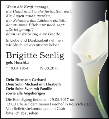 Traueranzeige von Brigitte Seelig von Mitteldeutsche Zeitung Bitterfeld