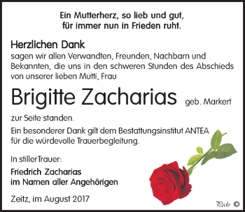 Traueranzeige von Brigitte Zacharias von Mitteldeutsche Zeitung Zeitz