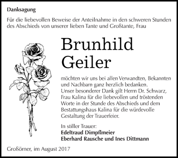 Traueranzeige von Brunhild Geiler von Super Sonntag SGH Mansf. Land