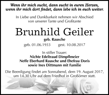 Traueranzeige von Brunhild Geiler von Mitteldeutsche Zeitung Mansfelder Land