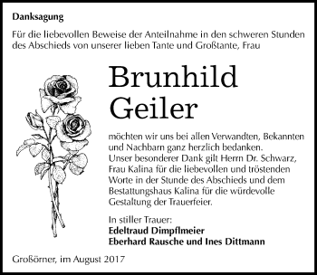 Traueranzeige von Brunhild Geiler von Mitteldeutsche Zeitung Mansfelder Land
