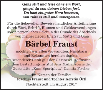 Traueranzeige von Bärbel Fraust von Mitteldeutsche Zeitung Aschersleben