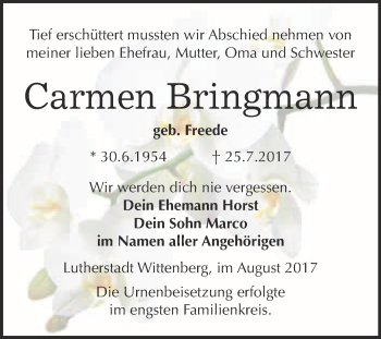 Traueranzeige von Carmen Bringmann von Super Sonntag Wittenberg