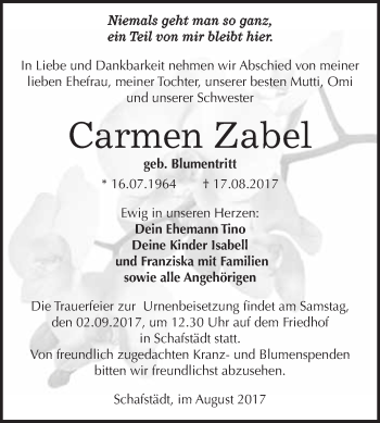 Traueranzeige von Carmen Zabel von WVG - Wochenspiegel Merseburg
