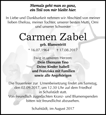 Traueranzeige von Carmen Zabel von Mitteldeutsche Zeitung Merseburg/Querfurt