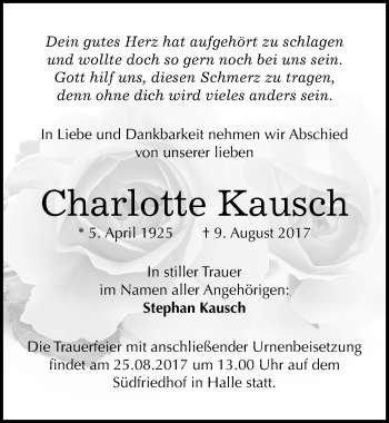 Traueranzeige von Charlotte Kausch von Mitteldeutsche Zeitung Halle/Saalkreis
