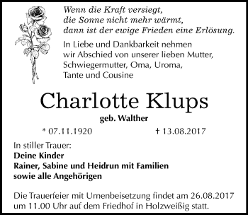 Traueranzeige von Charlotte Klups von Mitteldeutsche Zeitung Bitterfeld