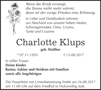 Traueranzeige von Charlotte Klups von WVG - Wochenspiegel Bitterfeld