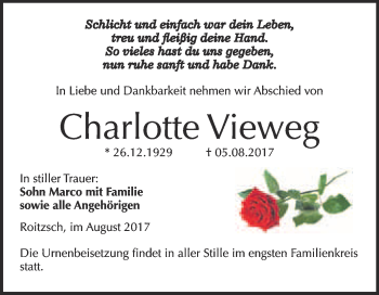 Traueranzeige von Charlotte Vieweg von WVG - Wochenspiegel Bitterfeld