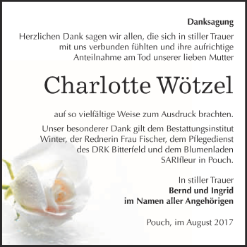 Traueranzeige von Charlotte Wötzel von WVG - Wochenspiegel Bitterfeld