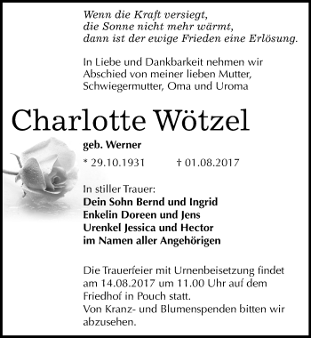 Traueranzeige von Charlotte Wötzel von Mitteldeutsche Zeitung Bitterfeld